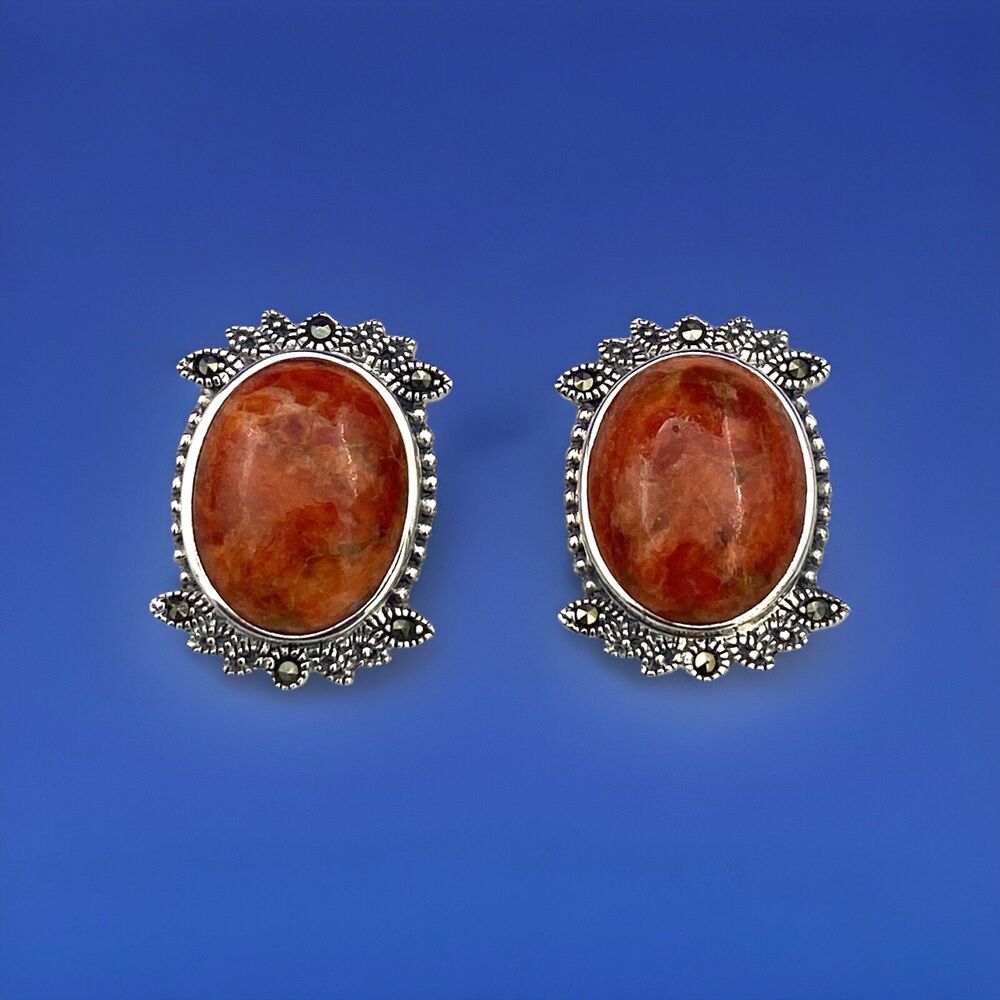 Vintage Orange Spiny Oyster Sterling Silver 925 NK Thailand Post Earrings
